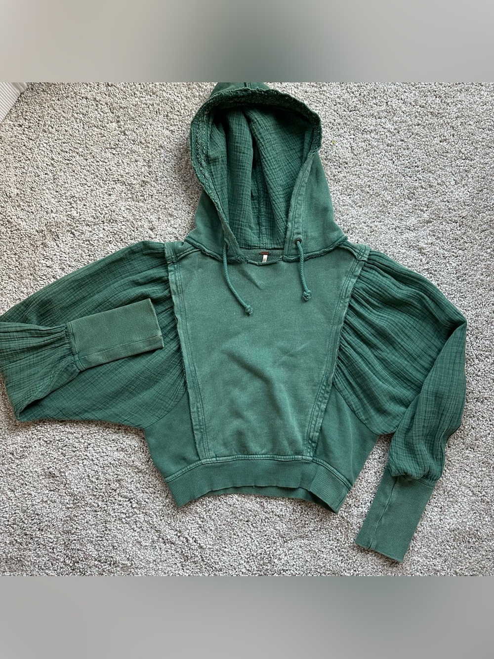 Free People Love Letter Hoodie Jaded Green Gauze Slouchy Cropped Knit Top XS 259 - Picture 2 of 7